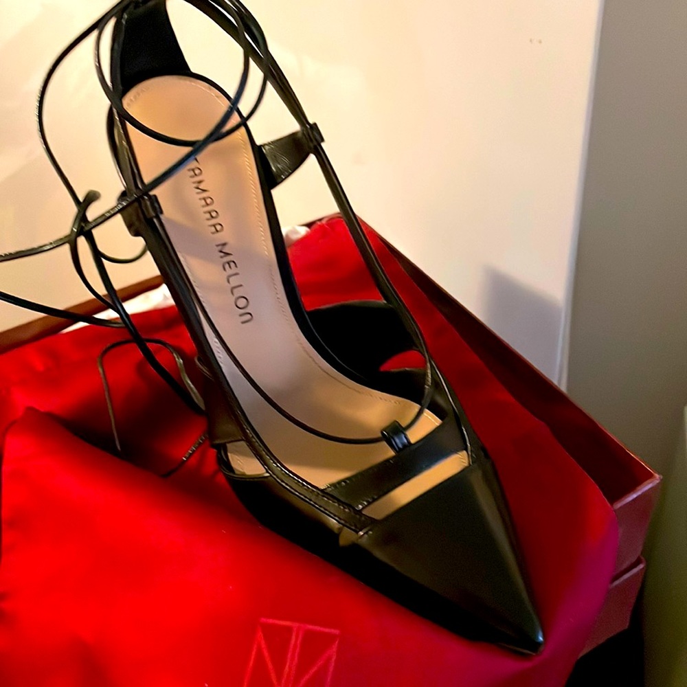Black Tamara Mellon cutout pump with ankle tie